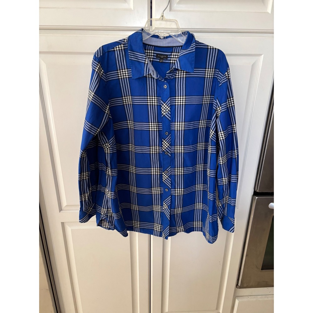 Talbots Woman Blue Plaid Button Down Shirt 100% Cotton Long Sleeve Size 2X